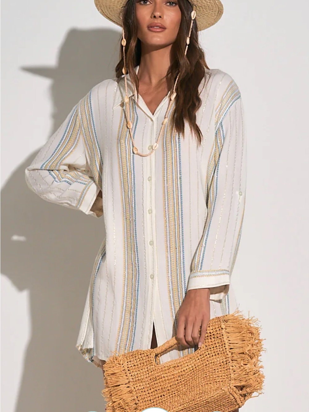 Elan Cream Tunic with Blue and Gold Stripes